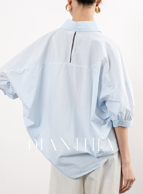 DianThia后背镂空蓝色衬衫外套女夏季新款中袖宽松廓形版型衬衣薄