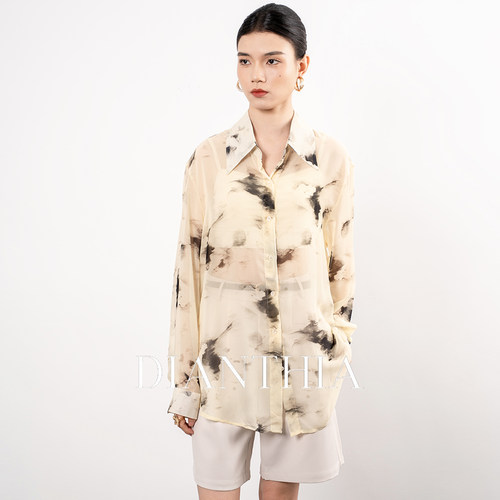 DianThia轻透防晒水墨雪纺衬衫女夏季高级感轻奢减龄洋气长袖衬衣