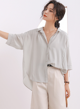 DianThia背后系带夏季短袖衬衫女薄款韩版宽松冰丝棉垂感小众衬衣