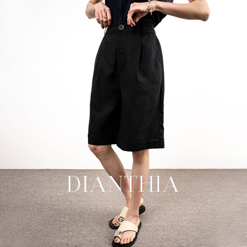 DianThia夏季亚麻凉爽裤高腰直筒五分裤女宽松显瘦百搭休闲短裤薄