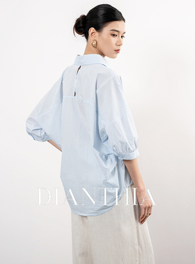 DianThia后背镂空蓝色衬衫外套女夏季新款中袖宽松廓形版型衬衣薄