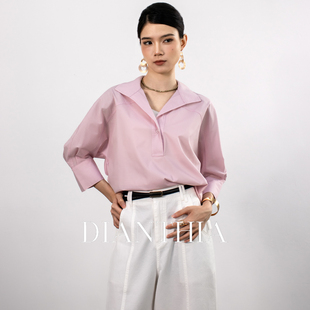 女2026新款 气质休闲免烫衬衣 大翻领半开襟粉色衬衫 DianThia七分袖