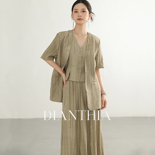 外套马夹长裙三件套 DianThia亚麻褶皱西装 马甲裙套装 女夏短袖 西装