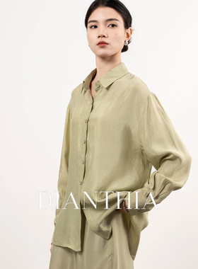 DianThia极简风亚麻衬衫女长袖宽松绿色廓形显瘦减龄老钱风上衣