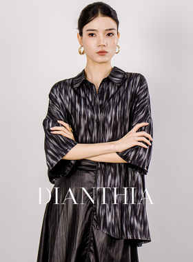 DianThia垂感黑色条纹衬衫女独特漂亮巨好看可拆长袖宽松短袖衬衣