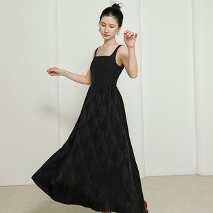 配西装外套定制提花连衣裙女2025秋款气质黑色拼接吊带裙修身长裙