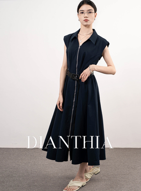 DianThia优雅衬衫连衣裙女收腰中长款拉链无袖气质裙