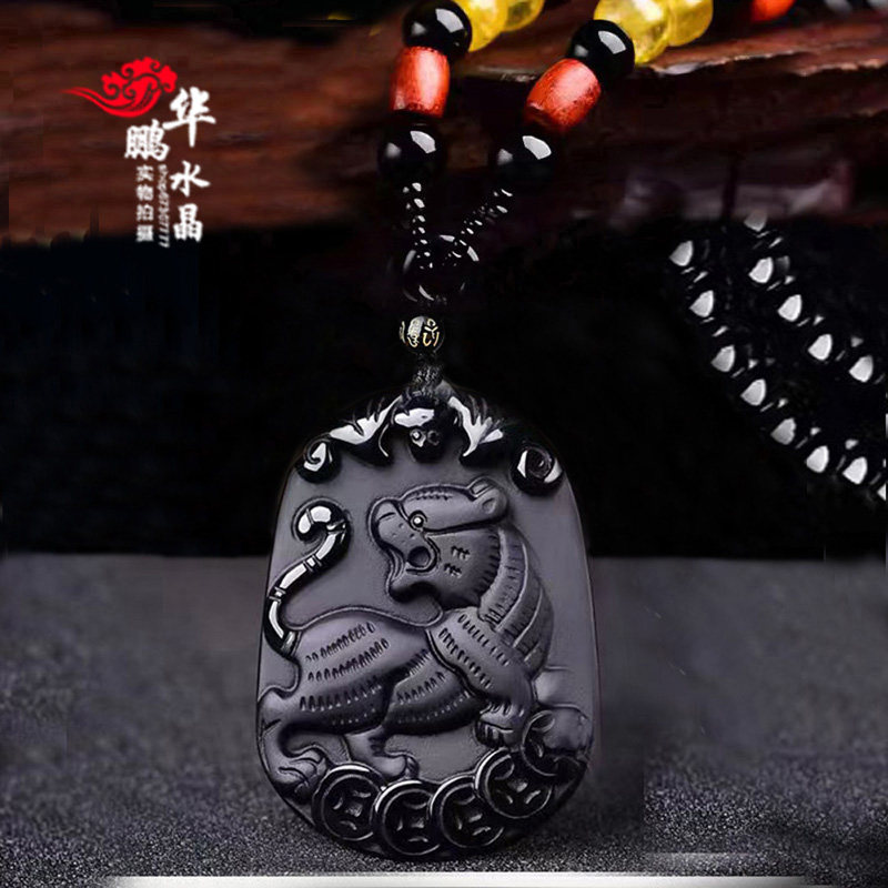 天然黑曜石生肖虎吊坠