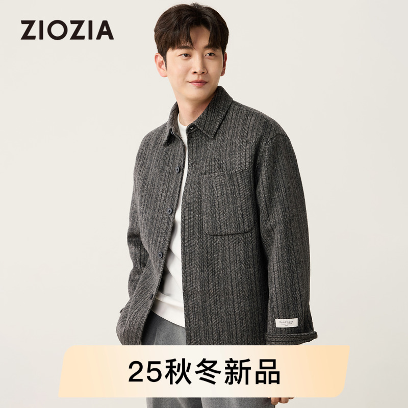 【羊毛混纺】ZIOZIA通勤男装25秋条纹毛呢衬衫夹克微阔休闲外套