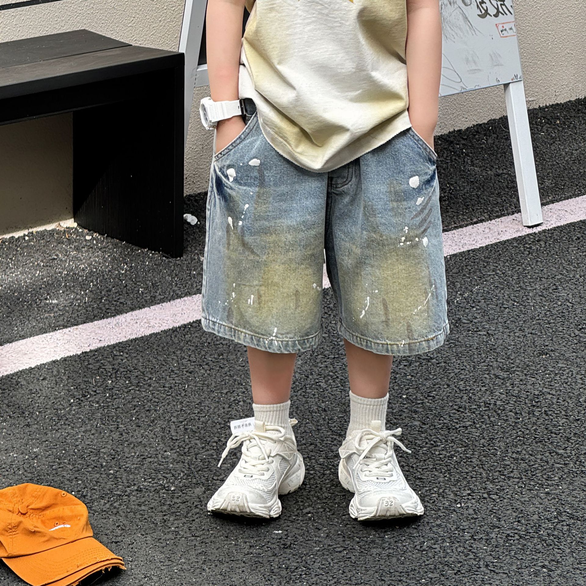 小杰家夏季新款韩版男童百搭美式复古泼墨设计牛仔裤儿童短裤