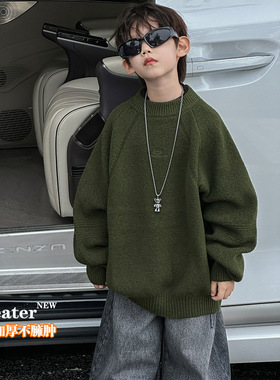 小杰家2025新款男童秋款韩版加厚绿色绣花毛衣套头圆领上衣