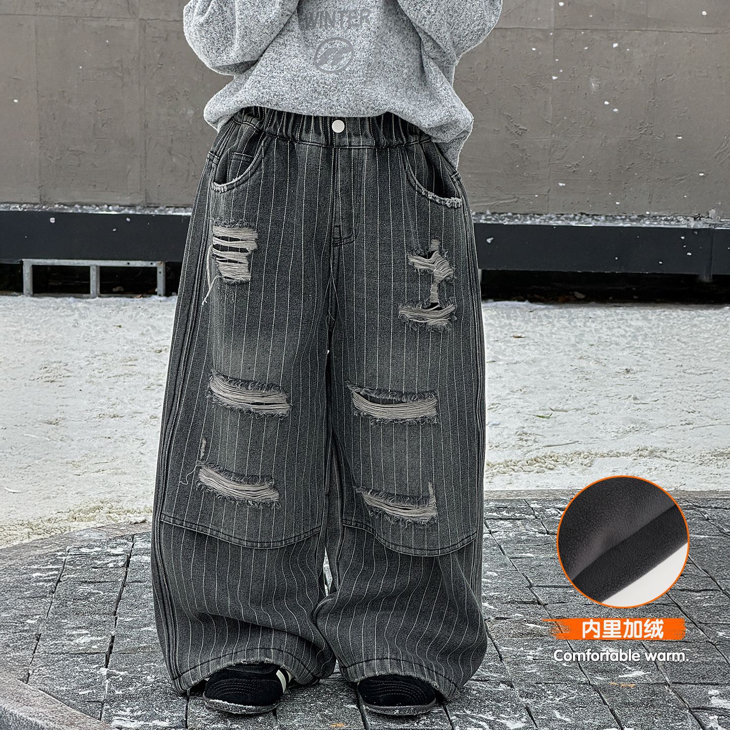 小杰家冬季新款男童加绒牛仔裤潮