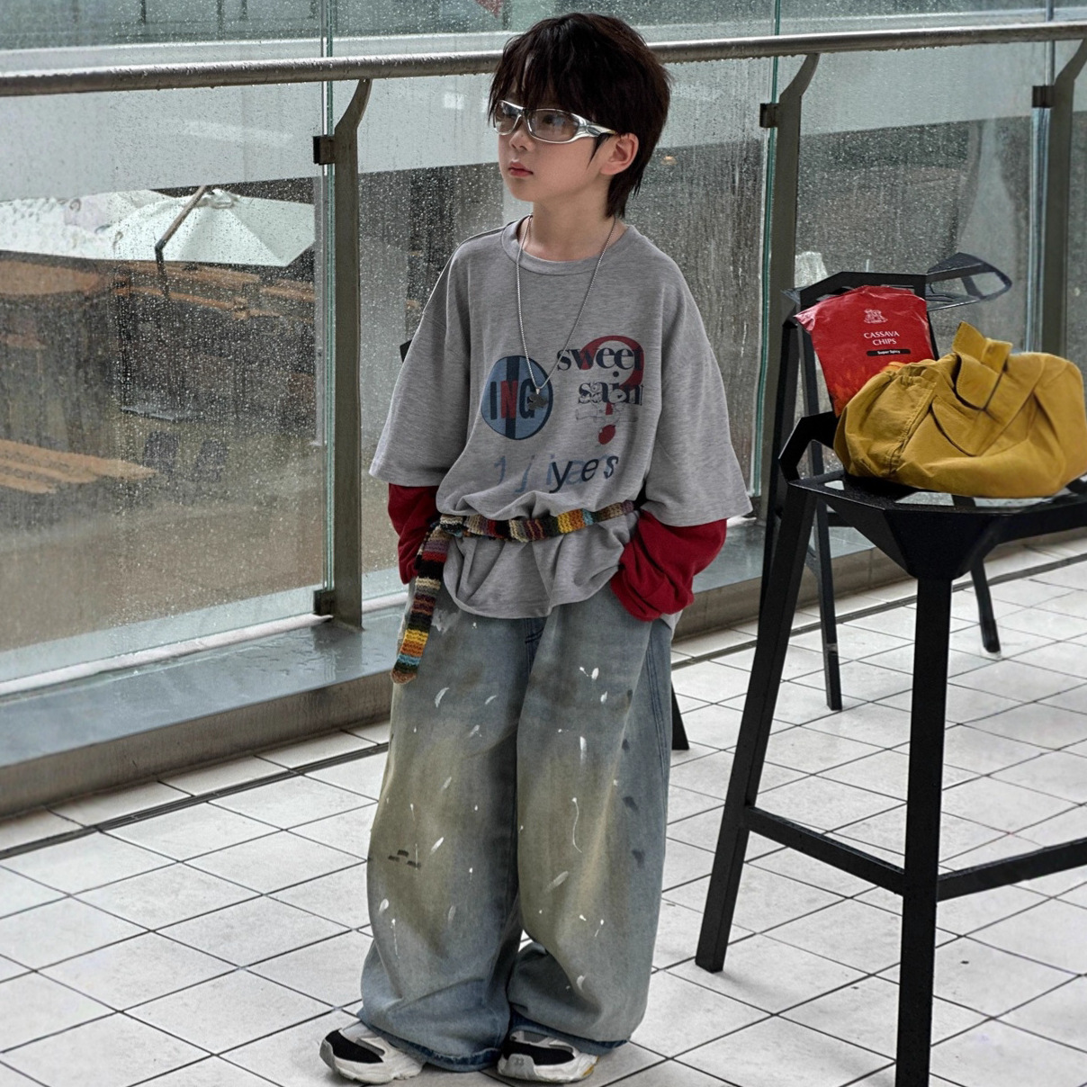 秋季拼接袖撞色长袖T恤棉上衣