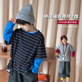 男童撞色拼接袖 小杰家2025秋季 新款 条纹上衣