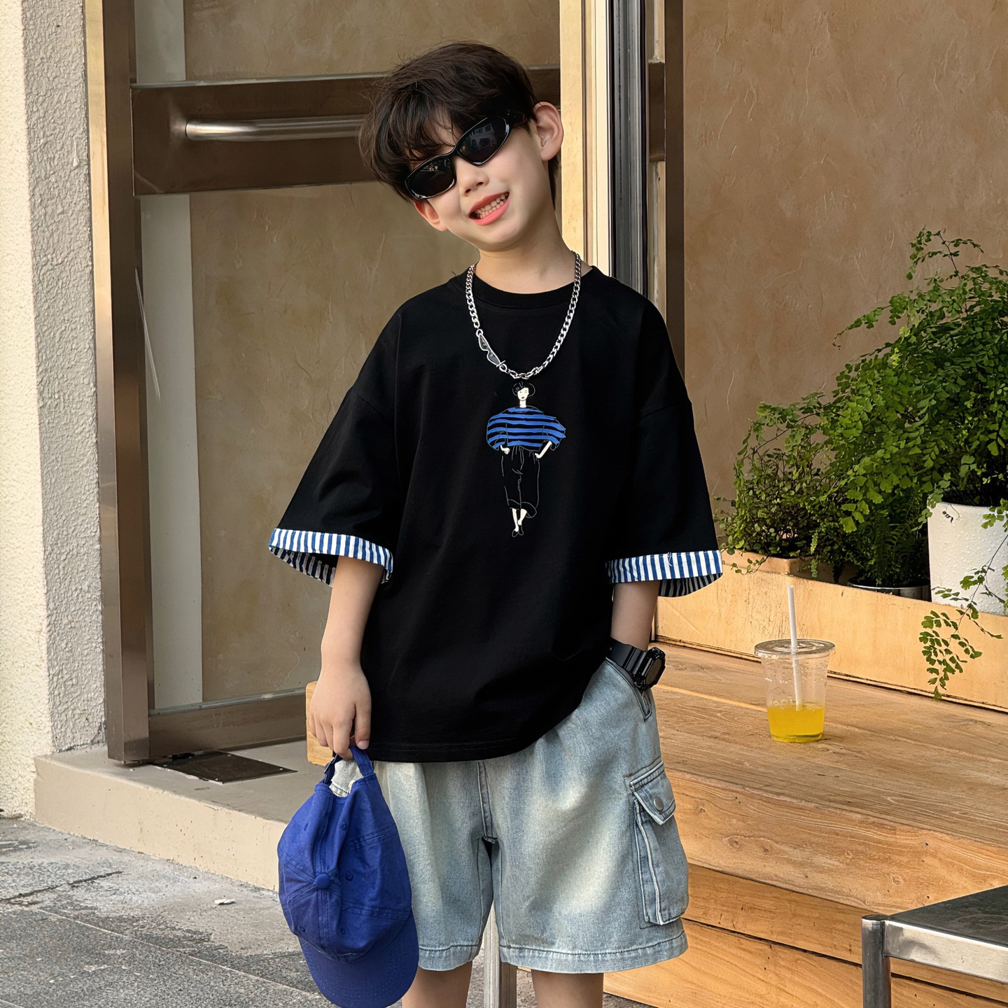 小杰家夏季新款韩版男童百搭简约拼接印花透气T恤儿童短袖上衣