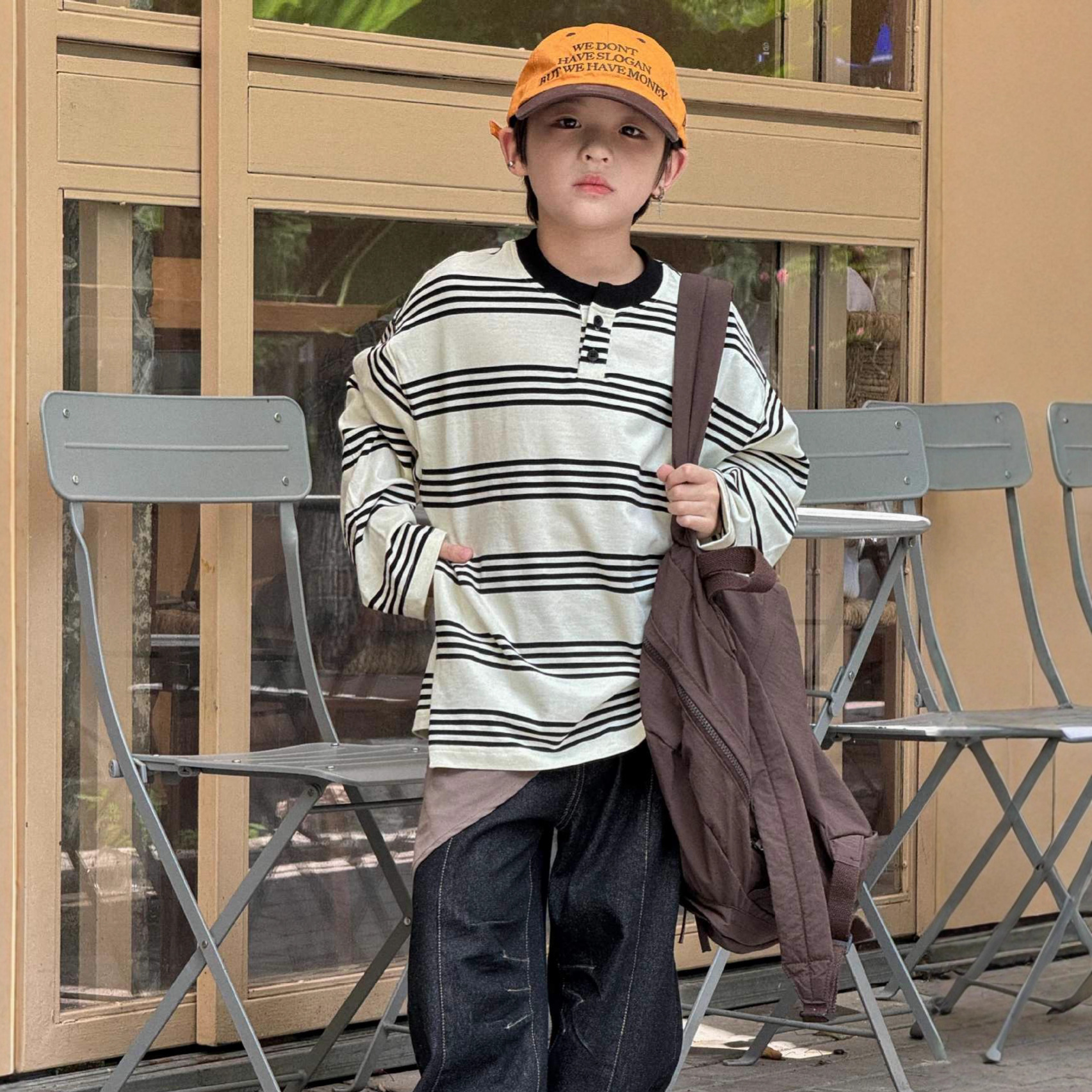 秋新品男童黑白条纹宽松长袖