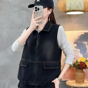 翻领马甲外套 百搭牛仔马夹大码 2025春季 女春秋百搭大口袋拉链修身