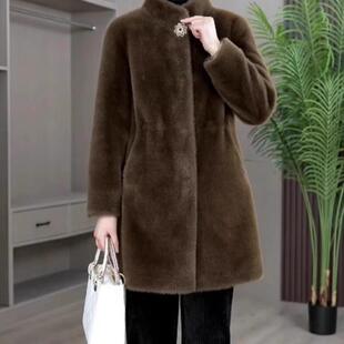 2024新款皮毛一体大衣妈妈装中长款立领金貂绒皮草外套收腰显瘦女