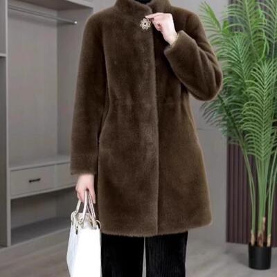 收腰中长款立领金貂绒皮草外套