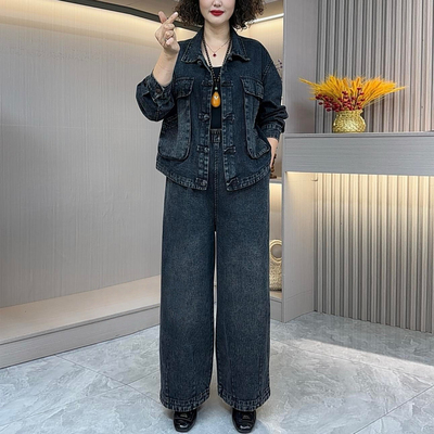 牛仔纯色套装翻领外套阔腿两件套