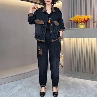 洋气刺绣欧货大码时尚牛仔两件套