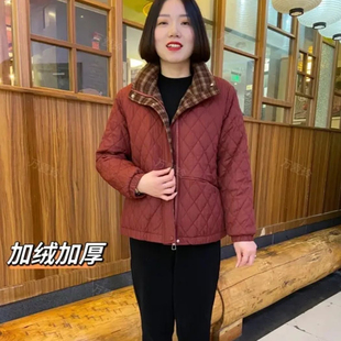 时尚妈妈装立领菱形格加绒棉衣2024秋冬宽松保暖外套中老年棉服女
