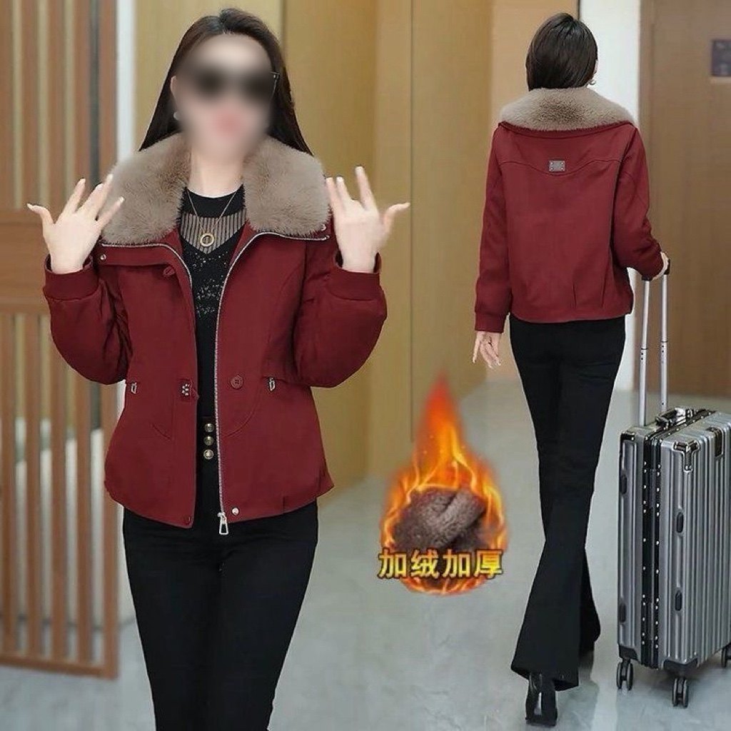 加绒加厚短款派克服外套女2025冬季新款宽松显瘦大毛领保暖棉衣