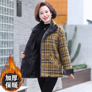 加绒外套冬季 妈妈装 加厚棉服中老年女冬装 时尚 格子棉衣保暖小棉袄