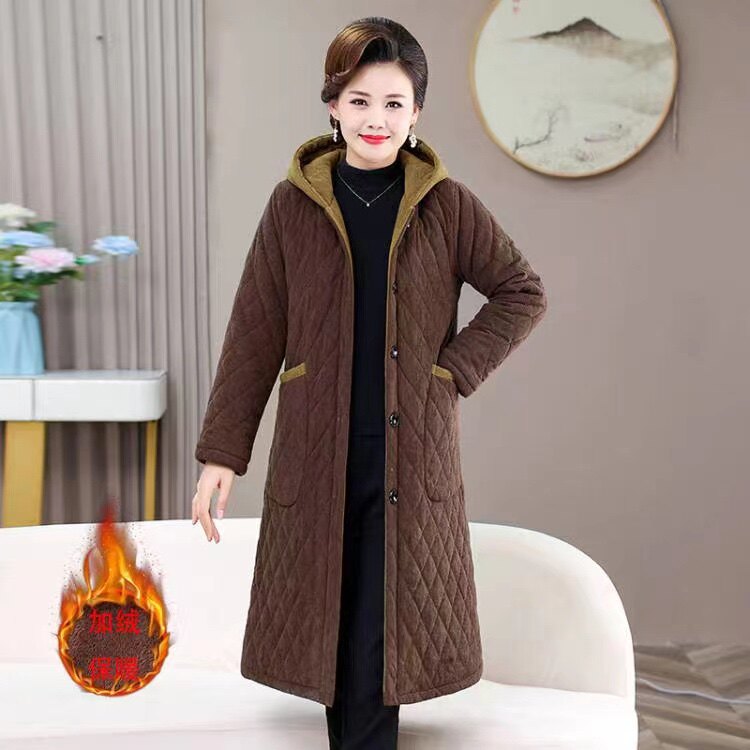妈妈冬款加绒加厚雪尼尔外套女显瘦中长款棉衣中年女装百搭保暖