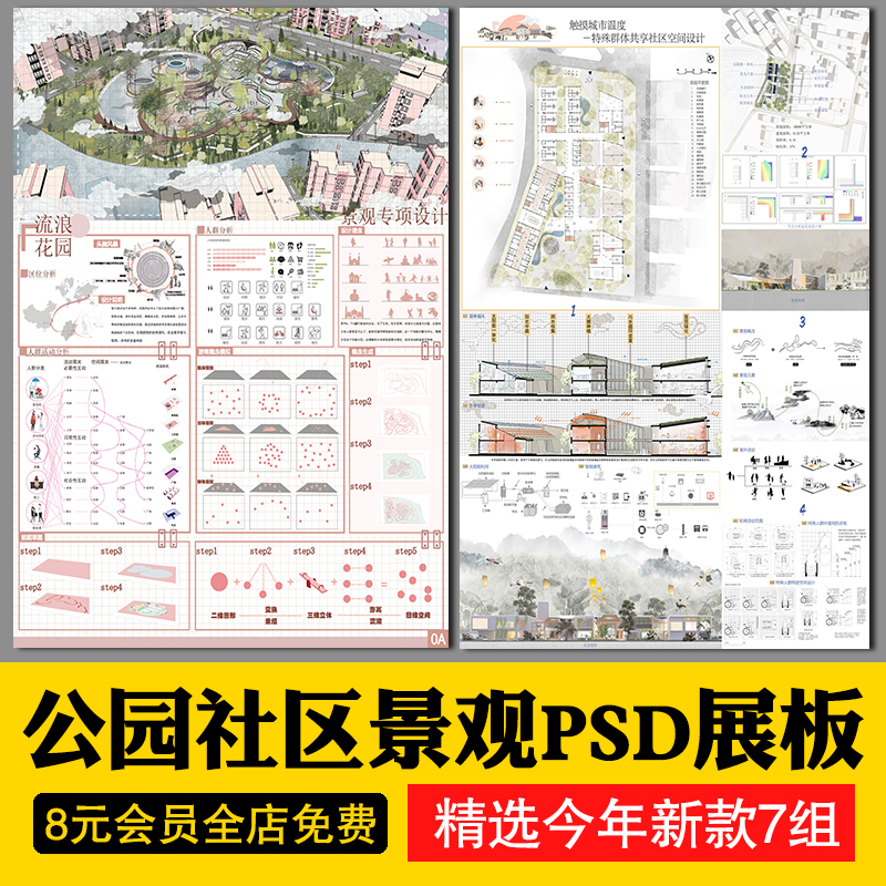 城市公园街头绿地小游园景观ps竖展板排版模版板psd分层环艺素材