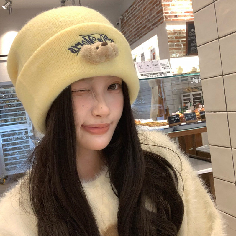 可爱多巴胺小熊字母刺绣针织帽女秋冬显脸小保暖毛线帽子大头围套