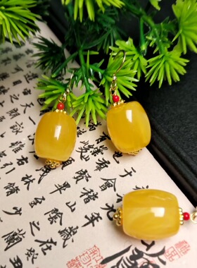 【蜜韵绵长】天然老蜜蜡桶珠耳勾国风简约百搭鸡油黄气质耳饰
