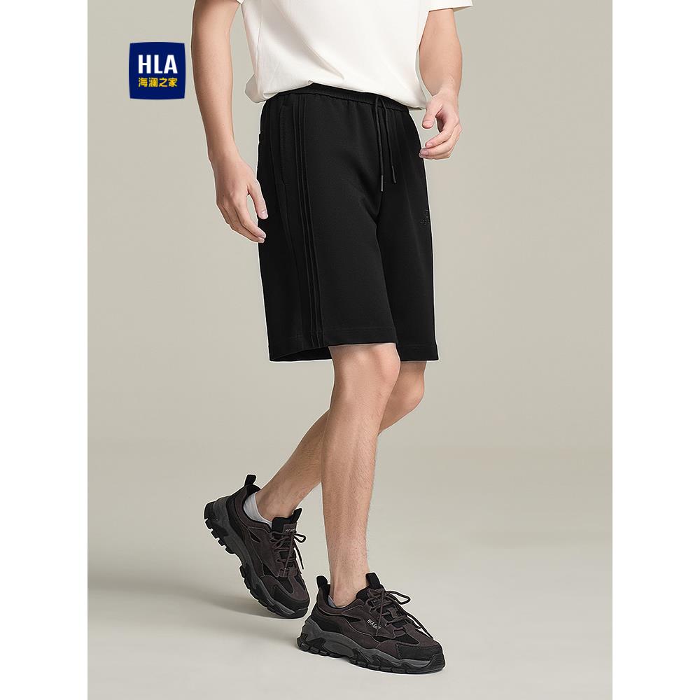 HLA/海澜之家松紧腰休闲中裤2025春夏新款抽绳系带五分短裤子男