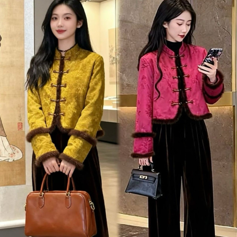 2025冬季新款新中式立领盘扣毛毛短外套女冬季洋气高级感时尚套装