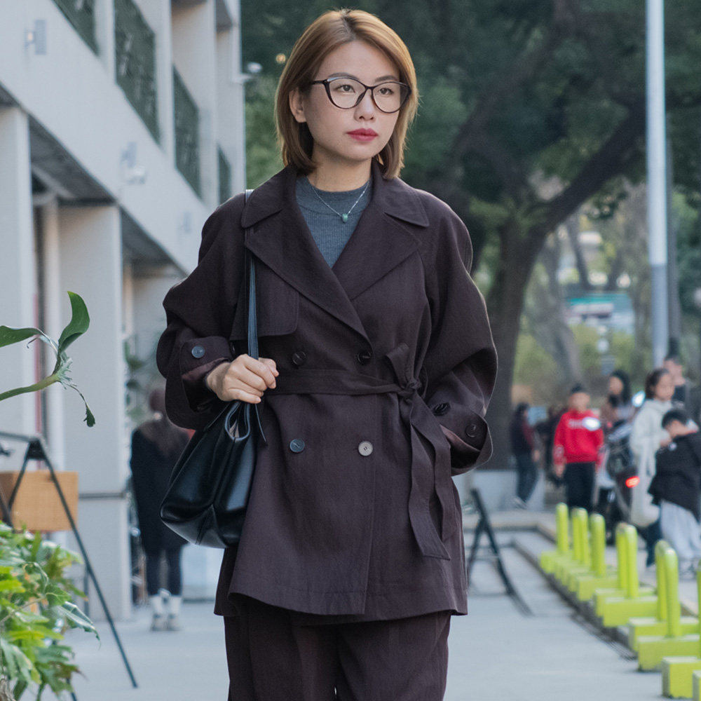 会飞的青鸟 小个子极简 双排扣风衣女中长款收腰系带高级感外套