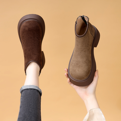 圆头厚底马丁靴女2025新款秋冬百搭浅口软底勃肯鞋防滑短靴配裙子