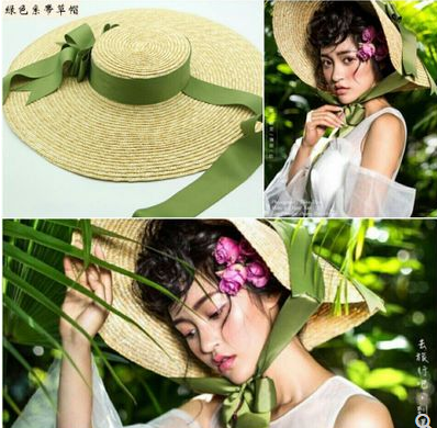 新品影楼摄影道具复古旅拍时尚拍照海景大帽子超大檐系带沙滩草帽