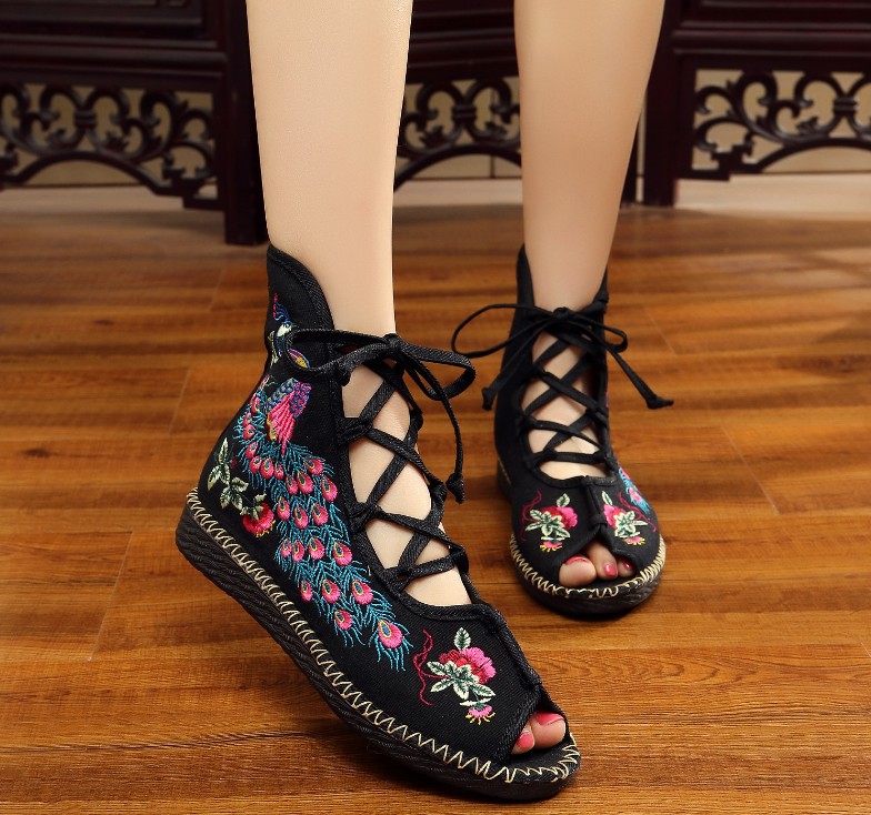 春夏新款老北京布鞋女绣花鞋平底鱼嘴布靴子交叉绑带高帮布凉鞋子