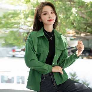 灯芯绒白色衬衫女长袖春秋新款薄外套开衫韩版加厚衬衣牛油果绿色