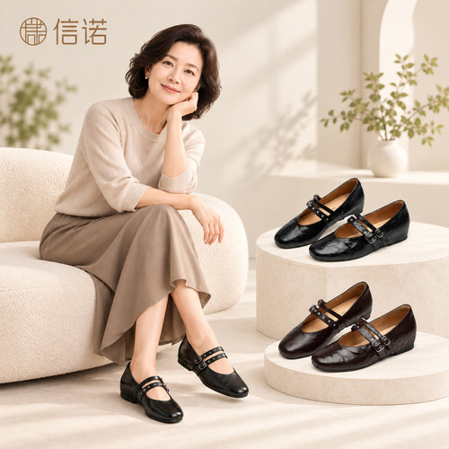 信诺法式复古铆钉低跟玛丽珍鞋