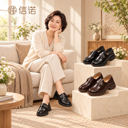信诺秋季新款中老年厚底乐福鞋