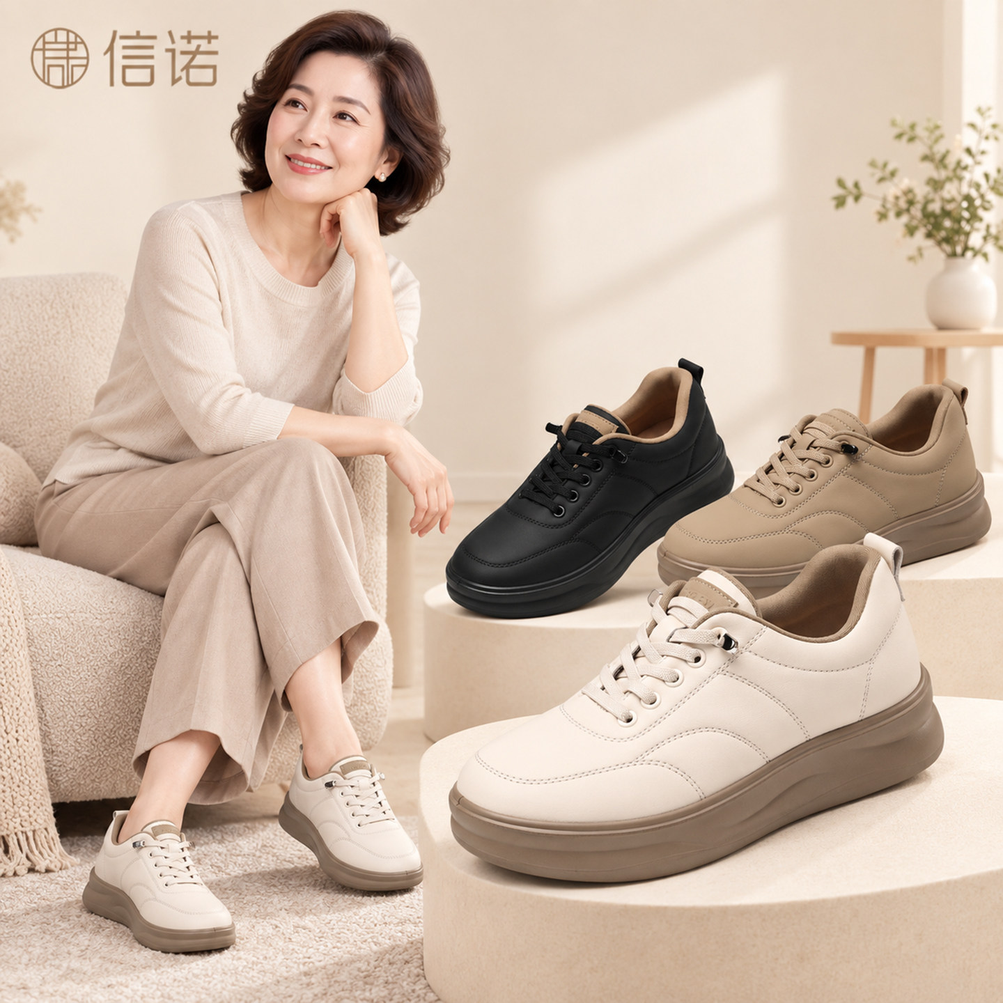 信诺2026秋季休闲风厚底系带运动鞋女舒适软底百搭小白鞋休闲女鞋