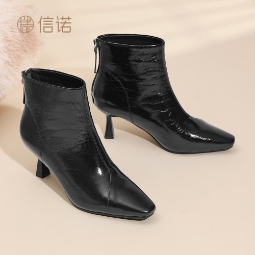 信诺冬季法式真皮尖头细跟短靴