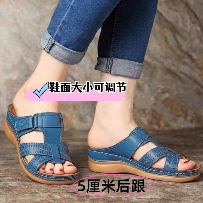 坡跟厚底镂空拖鞋女欧美外贸大码休闲一脚蹬车缝线坡跟条纹凉拖鞋