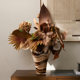 现代复古条纹玻璃花器仿真大花艺纸巾盒雕塑餐厅客厅入口玄关组合