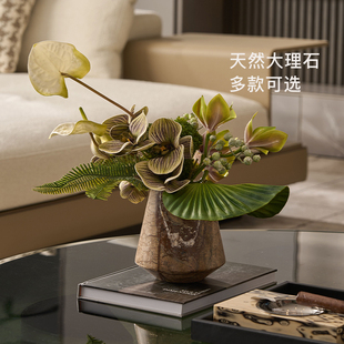 意式轻奢风客厅茶几大理石花瓶石材花器绒花花束摆件客厅插花摆台
