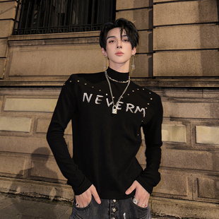 杨一帆潮牌针织衫打底衣半高领男款秋季新款休闲T恤女士春季长袖