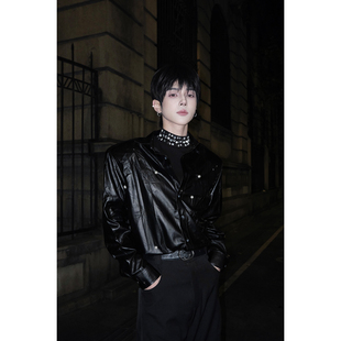 杨一帆潮牌皮衬衫男款长袖2025秋季新款韩版休闲潮流宽松衬衣冬季