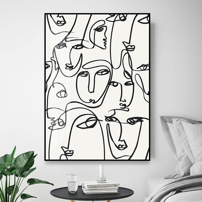 现代极简黑白灰装饰画艺术抽象小众挂画人脸线条北欧卧室客厅壁画