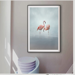 现代简约轻奢极简仙境粉红火烈鸟客沙发背景墙挂画直播间装饰画